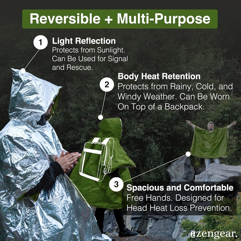 aZengear Emergency Survival Poncho (4pc) Thermal Mylar Foil Blanket for Heat Retention and Rain | Reversible with Hood | Waterproof, Windproof, Portable, Hands-Free, Outdoor Kit (Green) - Image 3